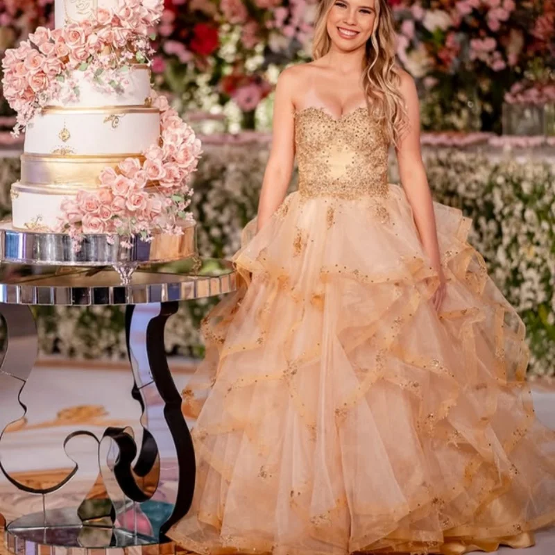 

Блестящее светло-желтое платье Quinceanera, кружевное многослойное платье с открытыми плечами и кристаллами, тюлевые платья de 15, Quinceanera ﻿ Индивидуальный