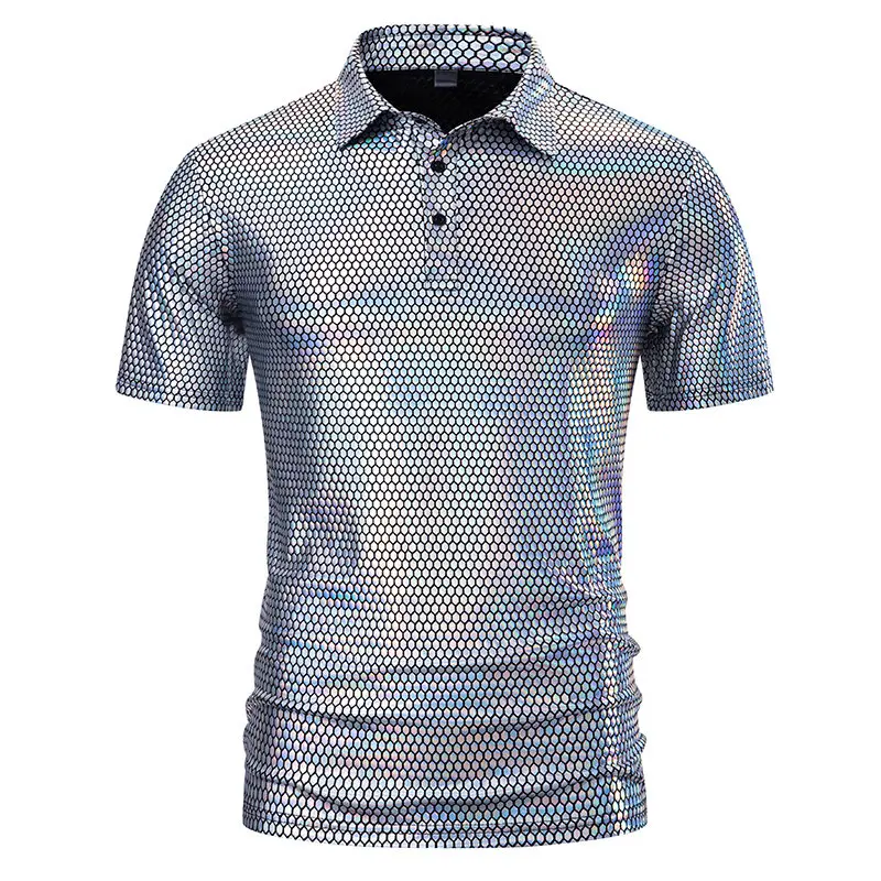 New Men's T-shirt Fashion Casual Short Sleeve Sparkle Sequins Male Polo Shirt 70s Disco Costume Nightclub Party Tee