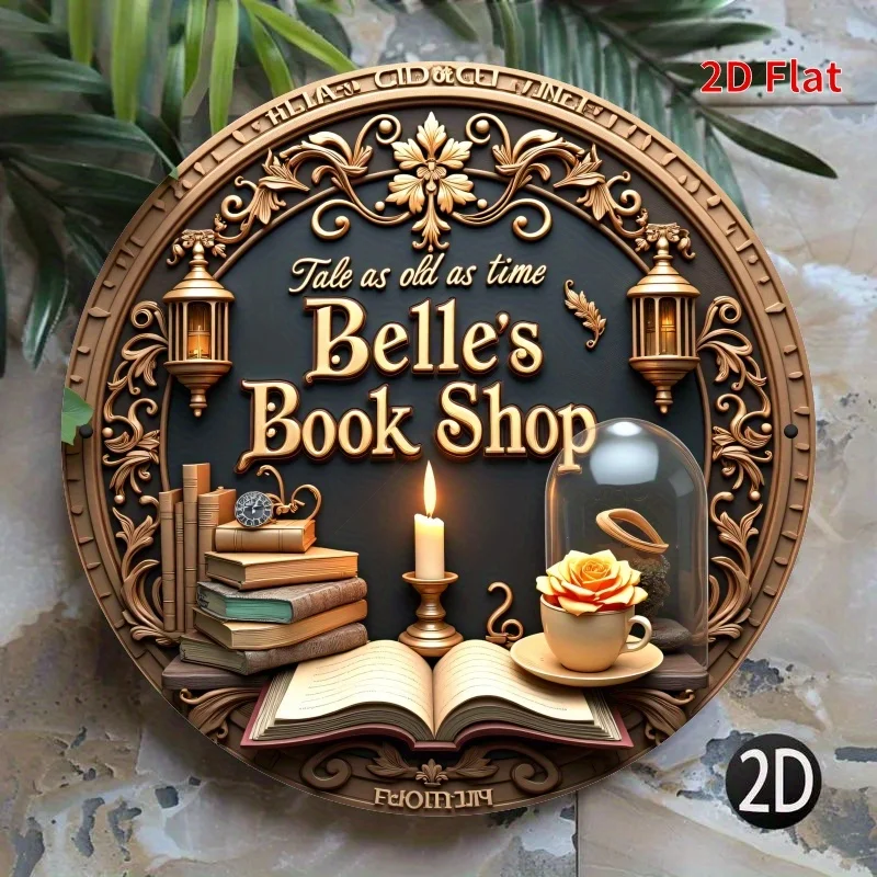 Eine flache 2D-Wandkunst aus Retro-Buchhandlung aus Holz – „Bell Bookstore“ mit Kerze und Buchlogo, Kunstdekoration für Buchhandlungen