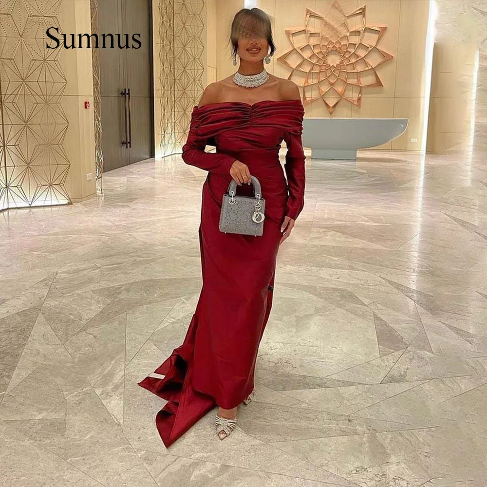 

Sumnus Burgundy Off Shoulder Mermaid Evening Dresses Long Sleeve Pleats Satin Floor Length Saudi Arabic Formal Gowns with Train