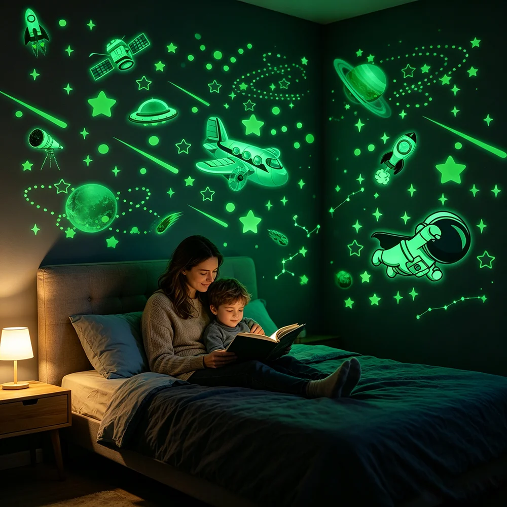 Glow in The Dark Stars Wall Stickers Glowing Stars for Ceiling Luminous Planet Spaceship Wall Decals DIY Kids Room Decor