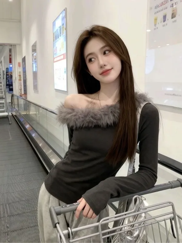 Top Coreano con Colletto in Pelliccia, Spalle Scoperte, Maniche Lunghe, Aderente, Autunno Inverno, Stile Hot Girl
