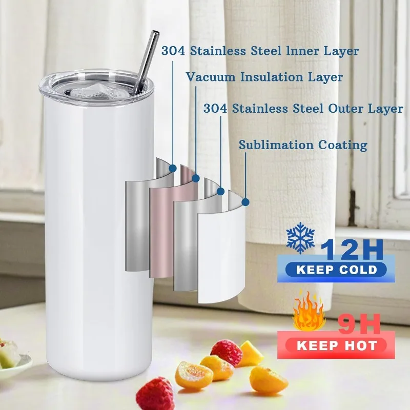 50 Pack 20 OZ Sublimation Tumblers Bulk, Skinny Straight White Sublimation Cups, Stainless Steel Double Wall Insulated Tumbler f