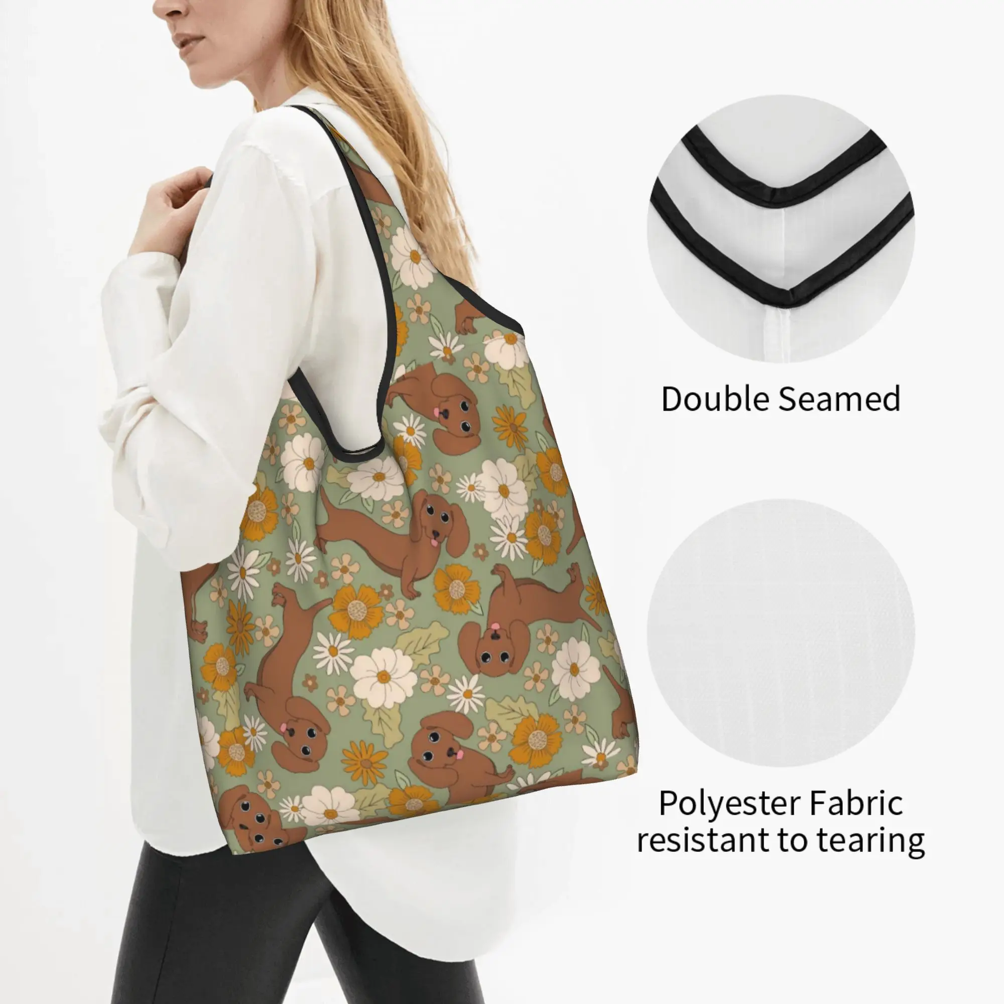 Fashion Print Colorful Dachshund Dog Tote Shopping Bag Portable Shopper Shoulder Badger Sausage Puppy Handbag