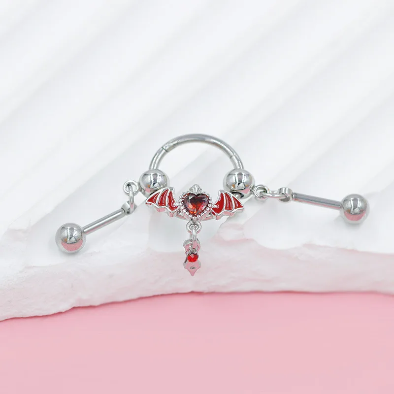 Hot-selling Heart-shaped Zircon Nose Ring Human Body Puncture Bat Earrings Ear Bridge Earbone Nails Piercing Double Use