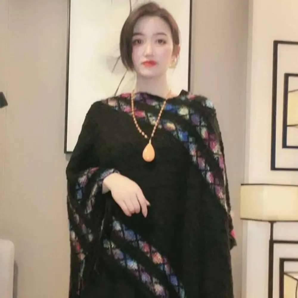 Fashion Mongolian Poncho Women\'s Soft Ethnic Style Knitted Cape Rhombic Stripe Tassel Shawl Coat Overlays Knitting Wraps