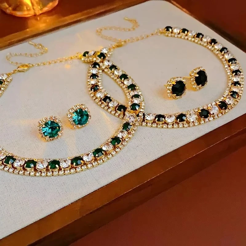 2 Pcs Rhinestones Square Round Chains Chokers Necklaces for Women Sparkly Geometric Collarbone Chaon Charms Jewelry Sets M1