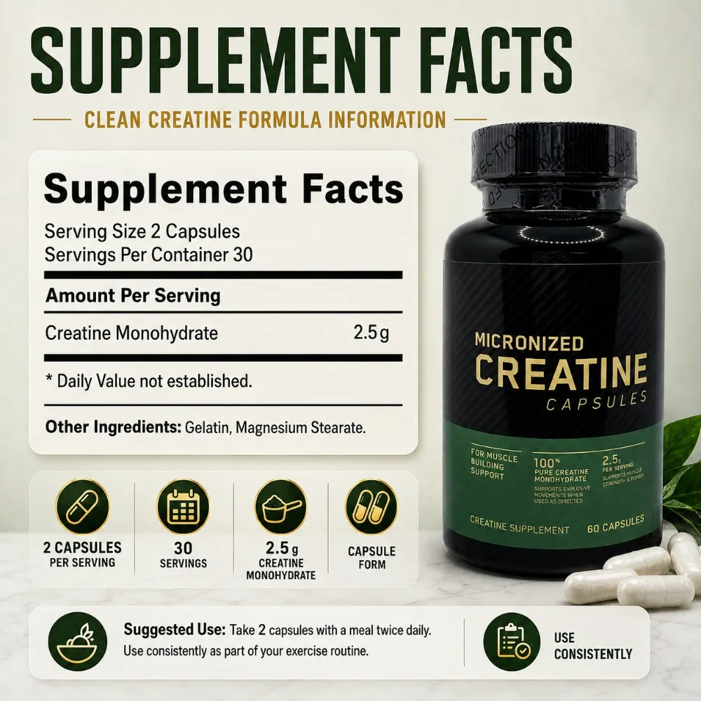Micronized Creatine Monohydrate Capsules 2.5g Per Serving, 60 Count, Fitness Supplement for Strength Training & Muscle Support