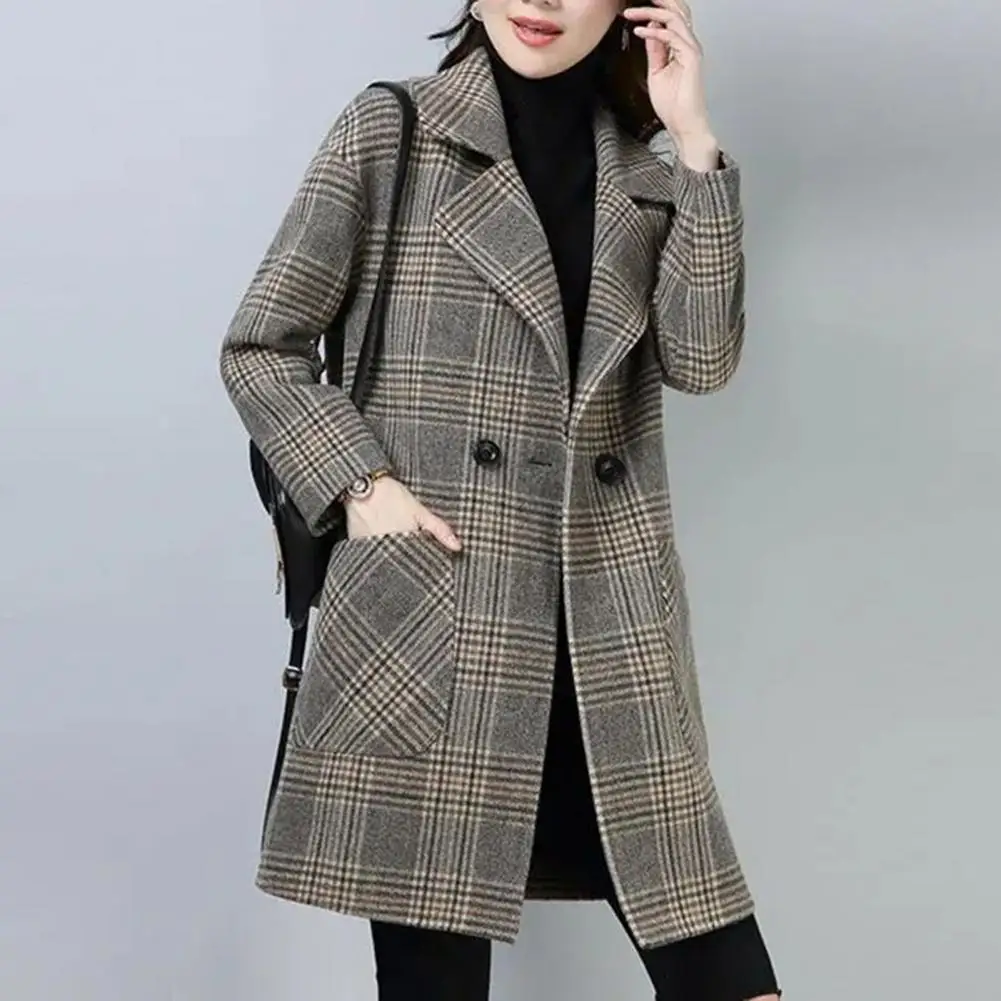 Winter Women Overcoat Turn-down Collar Long Sleeve Plaid Print Color Matching Thickened Windproof Mid Length Loose OL Commute St