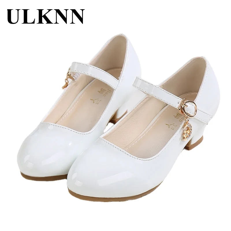 

ULKNN Girl's Pink Leather Shoes Princess Silver Shoe For Girls Sandals High Heel Glitter Shiny Rhinestone Enfants Party Shoes