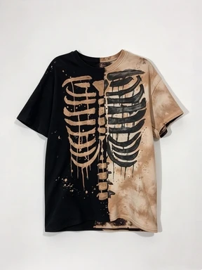 Tie Dye T-shirt Gothic Style Skeleton Spine Muscle Drip Pigment Print Half Color Split Short Sleeved Dark Punk Top