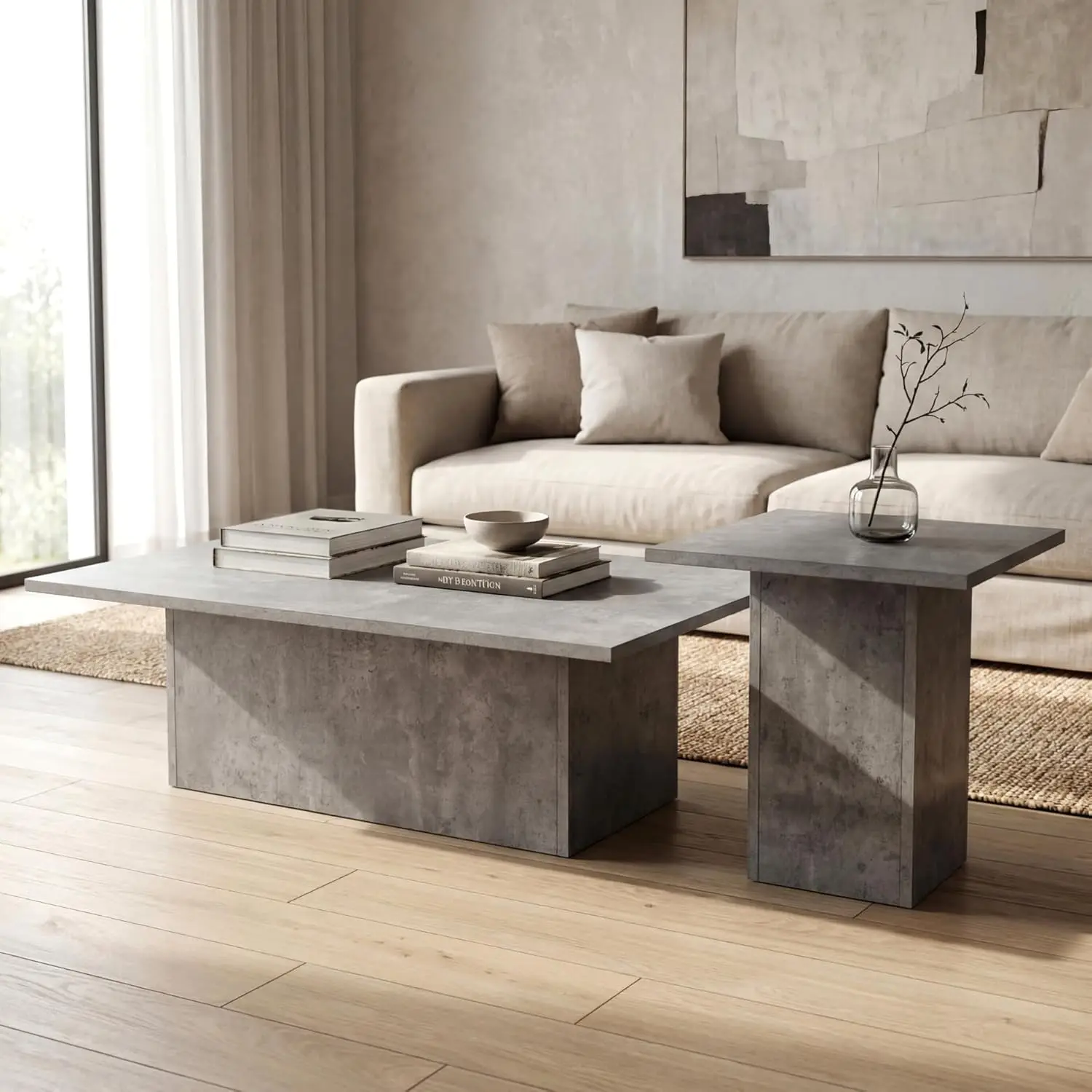 Modern Nesting Coffee Table Set 2 Grey Wood Side Table Concrete Texture Living Room Reception Home Office Industrial, Customized