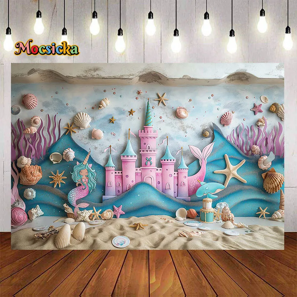 Summer Beach Castle Background for Mermaid Girl Birthday Party Backdrop Decor Banner Kids Cake Smash Studio Photography Props