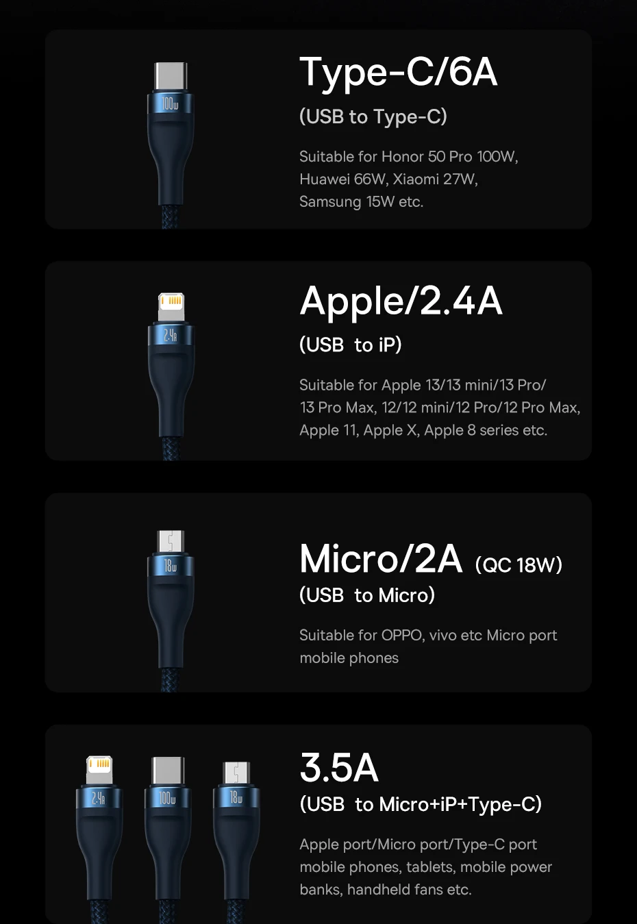 Cable USB Tipo C 3 en 1 Baseus, Cable de Carga Rápida de 100W para Honor 50 Pro, Cargador para Teléfono Xiaomi Samsung, 