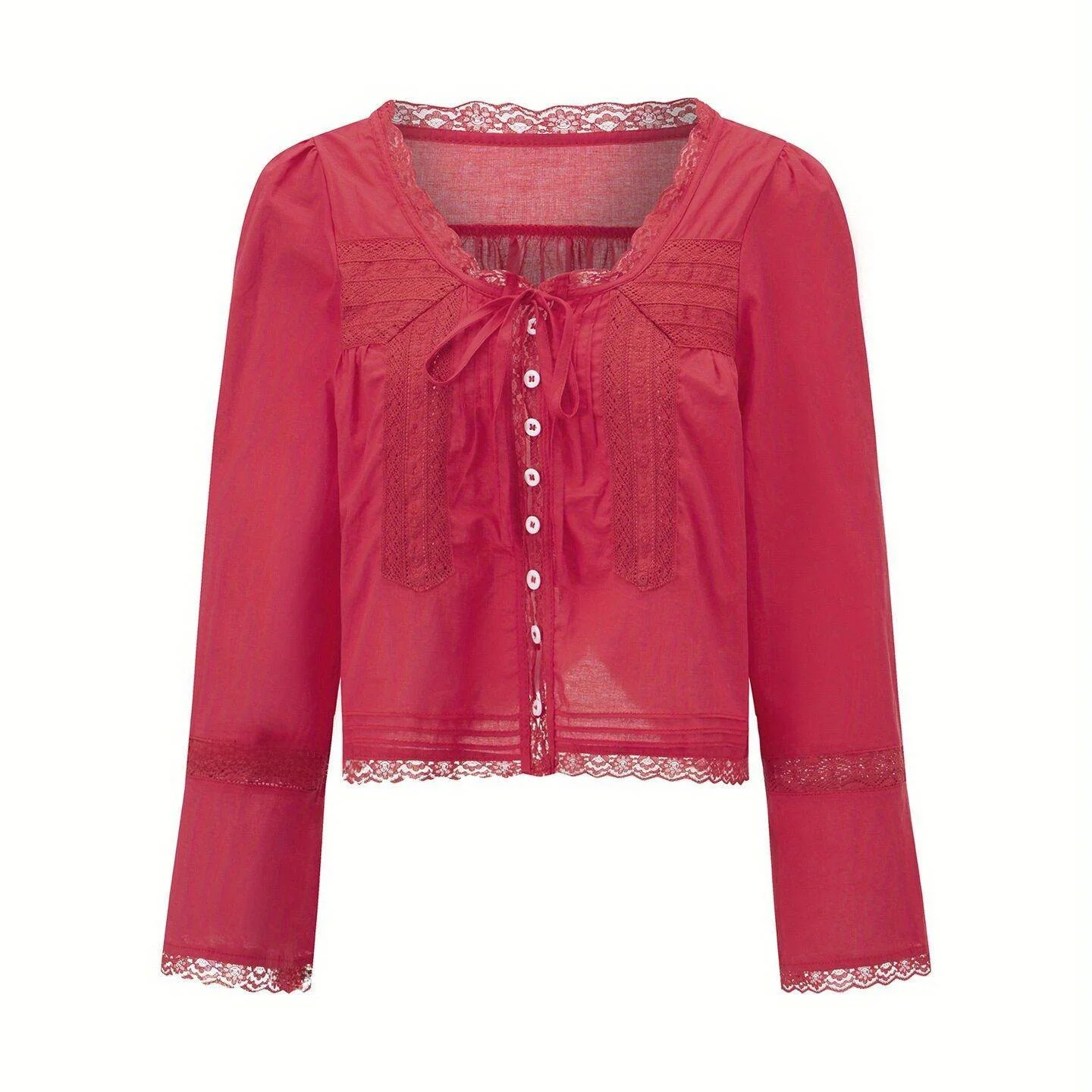 French Style U-Neck Lace Shirt Soft Satin Princess Sleeve Fake Two-Piece Set High Elasticity V-Neck Design Women's Fashion