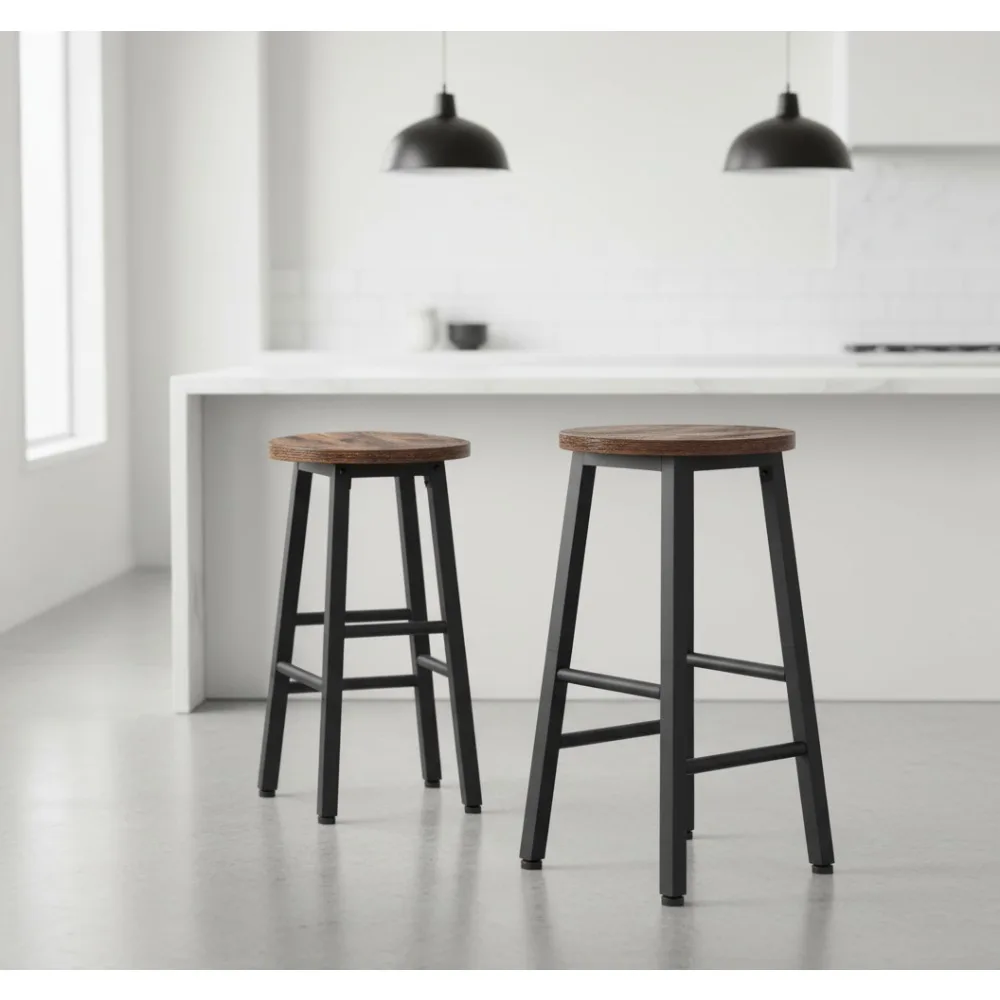 Juego de 2 taburetes de bar industriales, altura de mostrador con reposapiés, marrón rústico y negro para comedor con isla de cocina