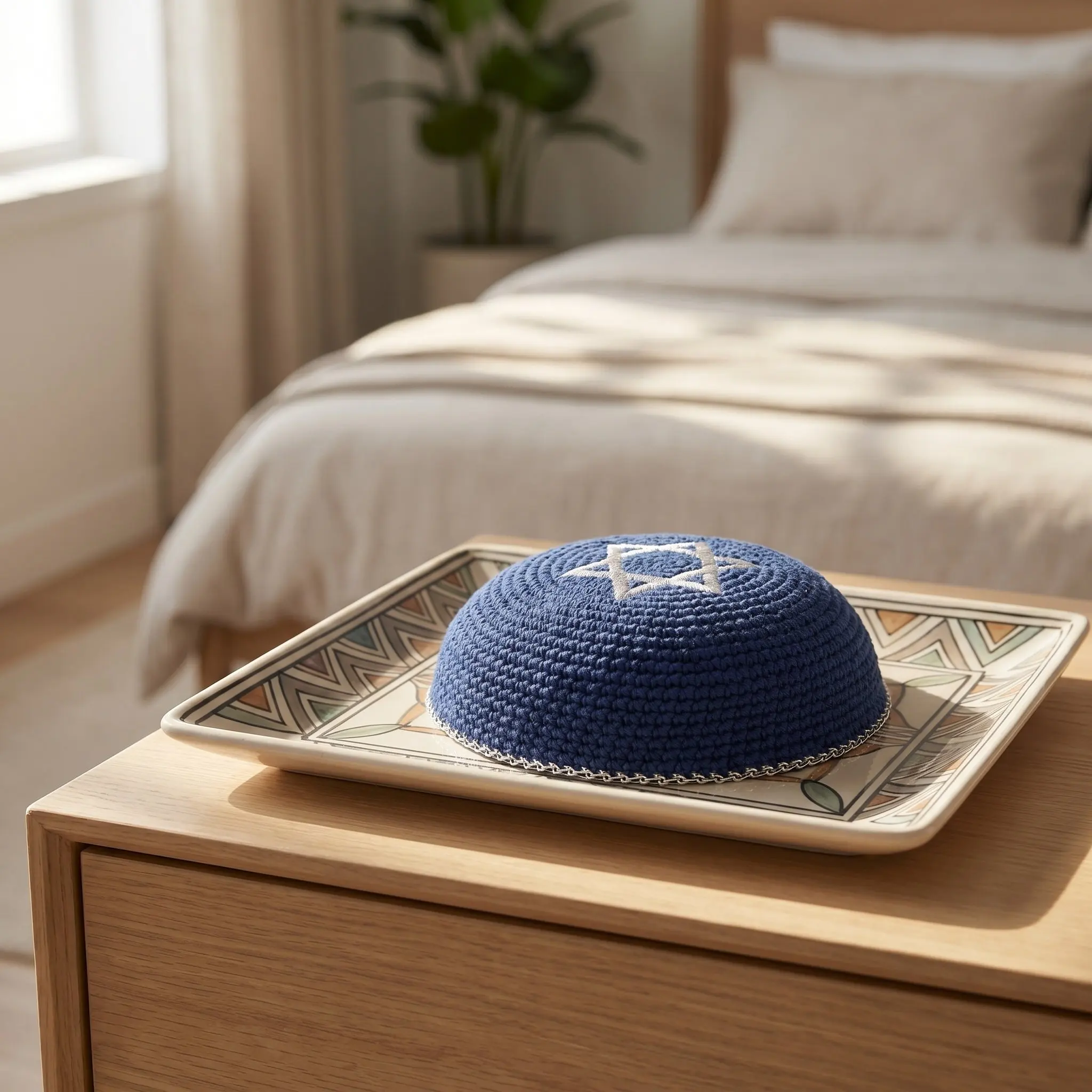 Large Men Jewish Kippah Blue Embroidered Star of David Skullcap Prayer Cap Traditional Religious Head Covering Holiday Yarmulke