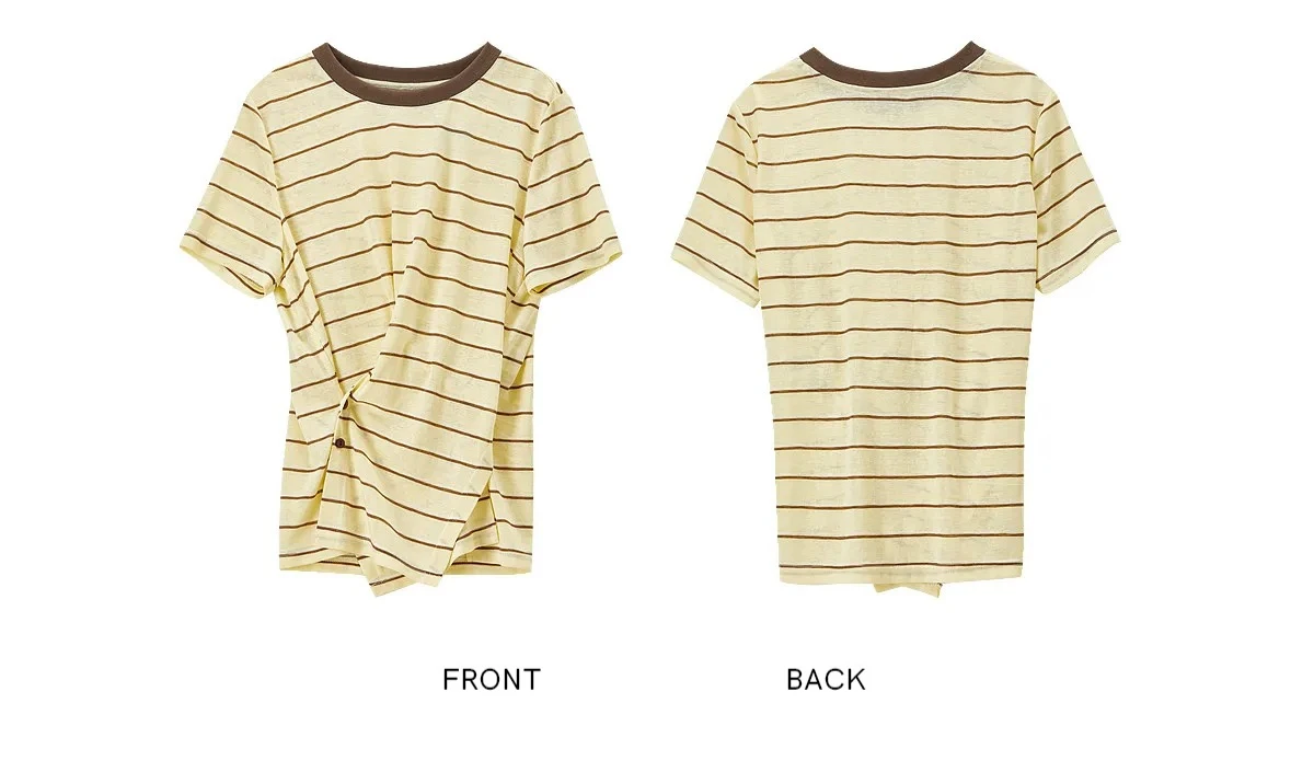 SENTUBILA Damen-Strickoberteil mit Rundhalsausschnitt und Kontraststreifen, Sommermode 2026, kurzärmeliges T-Shirt mit Twist-Front-Schlitz und Knöpfen Q62TC7208 – Detail 34