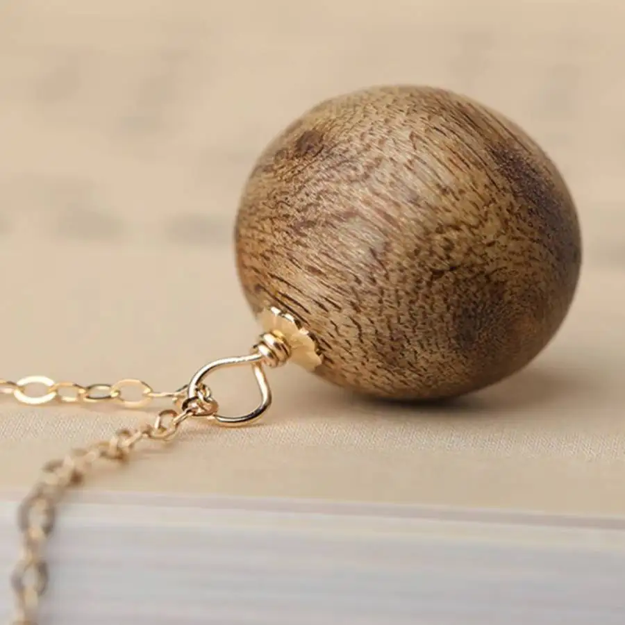 

Handmade Genuine Agarwood Ball Pendant Necklace Gold Tone Chain Fashion Jewelry Gift for Her
