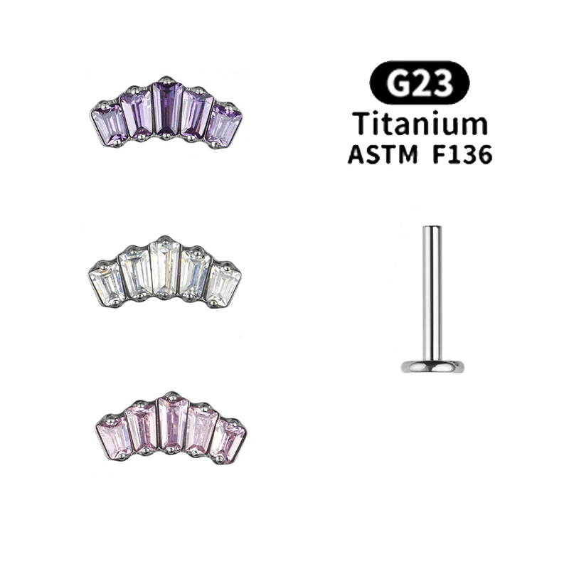 

G23 titânio orelha studs 5 oblongo cz blaze curva topo rosqueado labret pierc lábio parafuso prisioneiro da orelha cartilagem tr