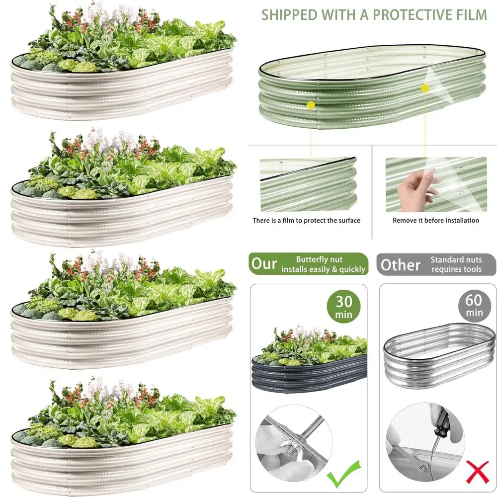 

2-Pack 4x2x1FT White Oval Galvanized Metal Raised Garden Beds for Easy Assembly and Growing Vegetables, Flowers, Herbs