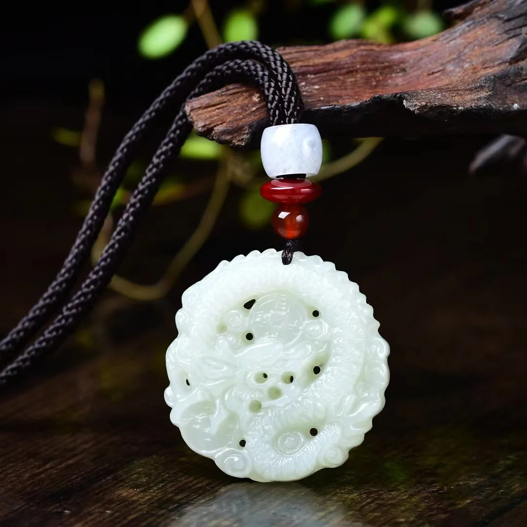 Pure natural Hetian jade carving fortune dragon 39*40MM pendant jewelry 1899#