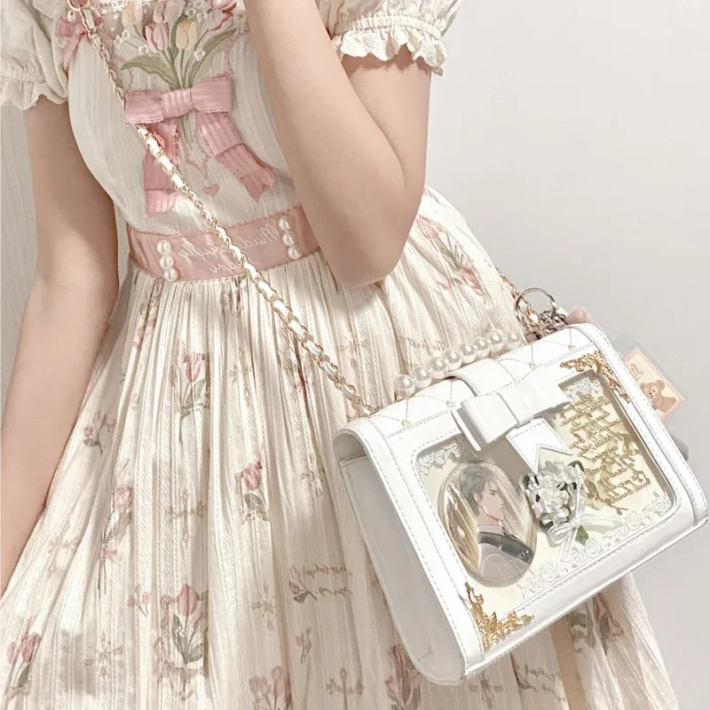 JIAERDI Vintage Lolita White Messenger Bag Women Heart Pearl Leather Shoulder Bag Ladies Harajuku Sweet Y2k Handbag Aesthetic