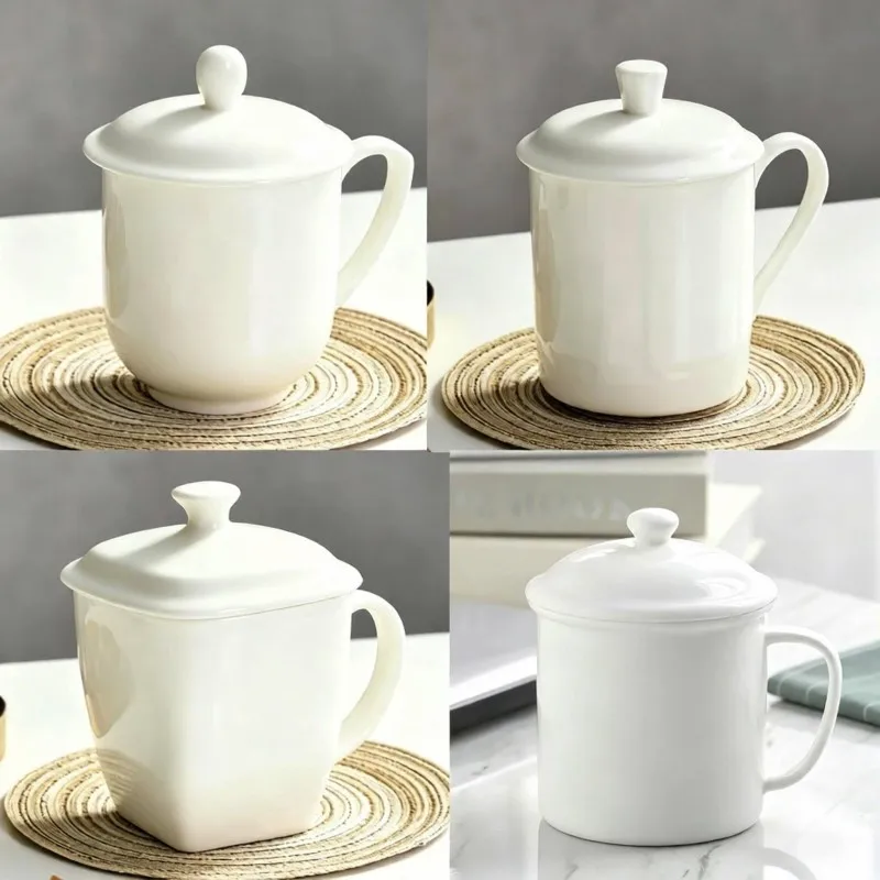 500ML, bone china tumbler, pure white ceramic wake up cup with lid, coffee mug, thermo mug for office, porcelain drinkware