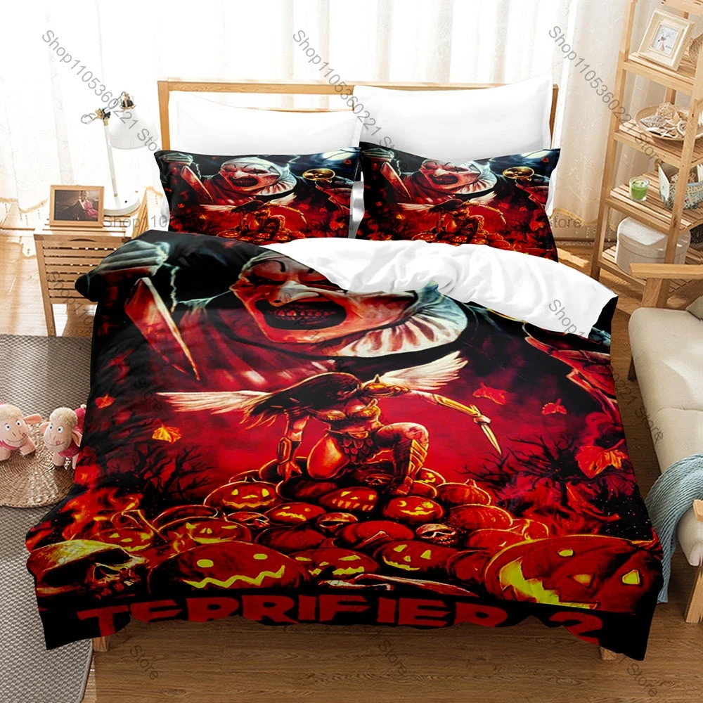 Cool Scary Clown Terrifier 2-3 Pattern 3Pcs Bedding Set Skin Friendly Duvet Cover Pillowshams All Season Bed Linen For Horror Fa