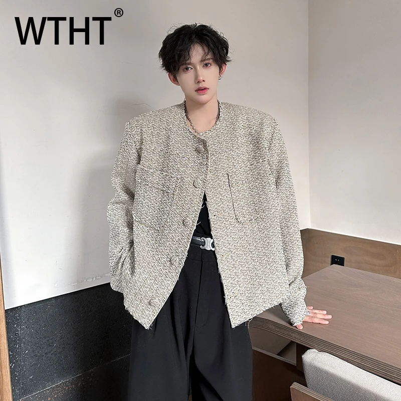 WTHT Fashion Men's Solid Color Spliced Big Pockets Design Coats Trendy Round Collar Long Sleeves Jackets Male 2025 Autumn 2A2200