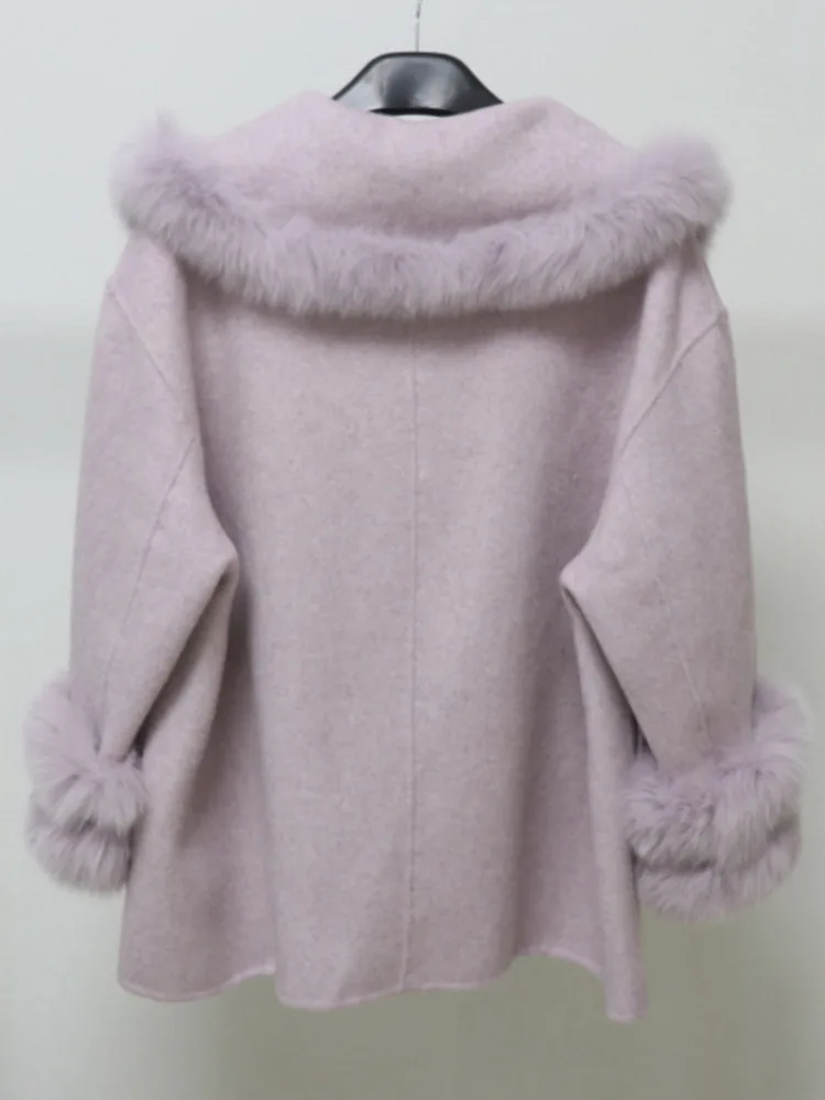 ZMEENNA Women's Elegant Lilac Woolen Coat Faux Fur Collar Cuff Gold Button Short Jacket Loose Fit Warm Winter Outerwear ZM4174