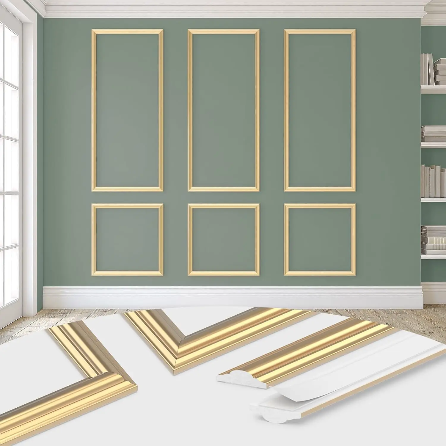 

Peel and Stick Wall Molding Kit, Pre-Cut Wainscoting Panels for Home Décor, Self-Adhesive Gold (3 Set, 24x78 in)