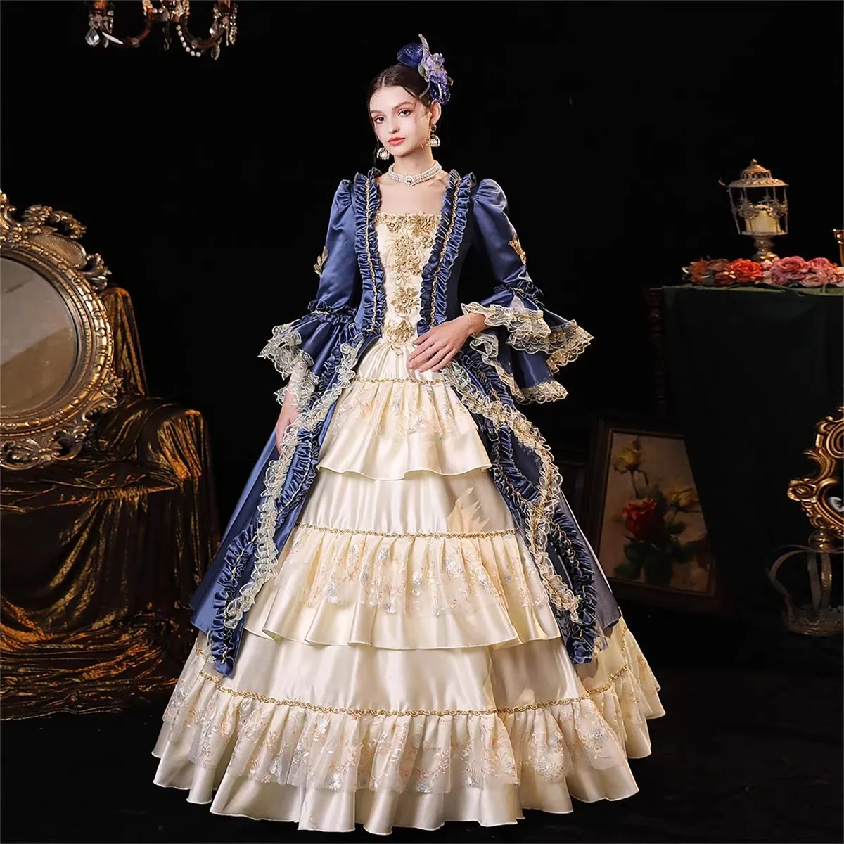 

Women's Court Suit European Cinderella Dress Performance Suit British Aristocratic Blue Court Suit Plaid Baroque Vestido De Gala