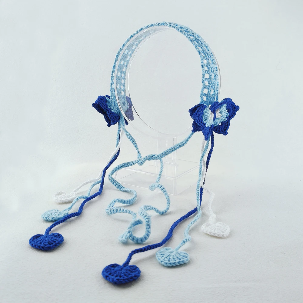 عصابة رأس على شكل فراشة زرقاء كروشيه مع رباط شعر بشراشيب الحب للنساء والفتيات وإكسسوارات الشعر المصنوعة يدويًا #2