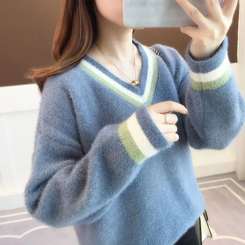 

Темпераментные модные осенне-зимние свитера женские с v-образным вырезом контрастного цвета в стиле пэчворк корейские свободные пуловеры с длинными рукавами вязаный топ