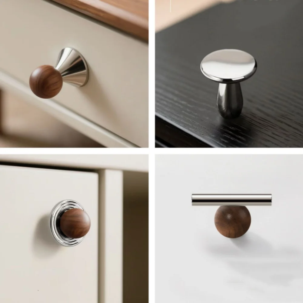 Modern Walnut Wood Brass Cabinet Door Handle Silver Wardrobe Cupboard Furniture Pulls Single Hole Drawer Knobs Cabinet Handles