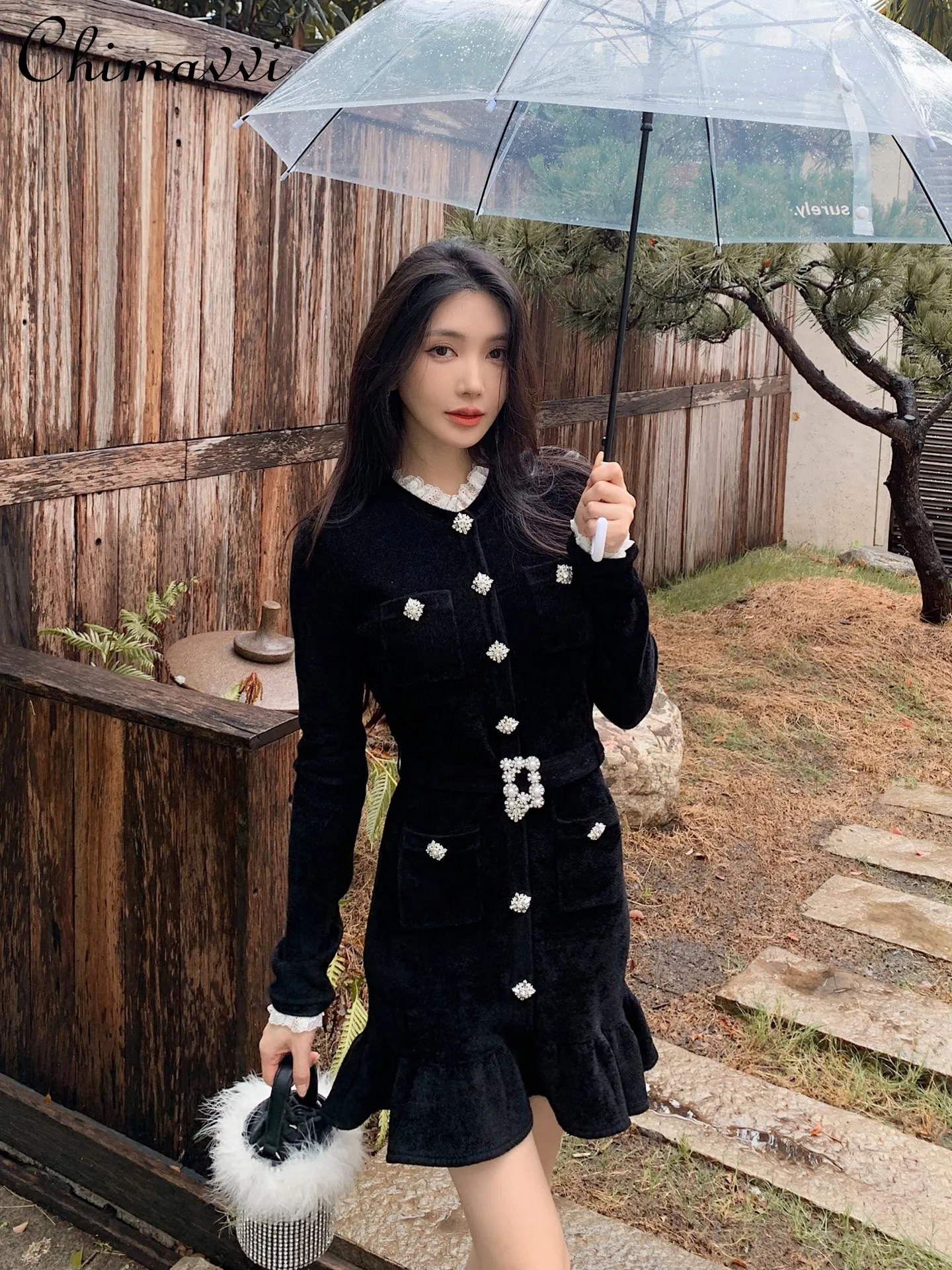 

Autumn High-end Fashion Black Stretch Knitted Dress Hepburn Heavy Single-breasted Short-sleeved Slim Elegant Party Womens Dress