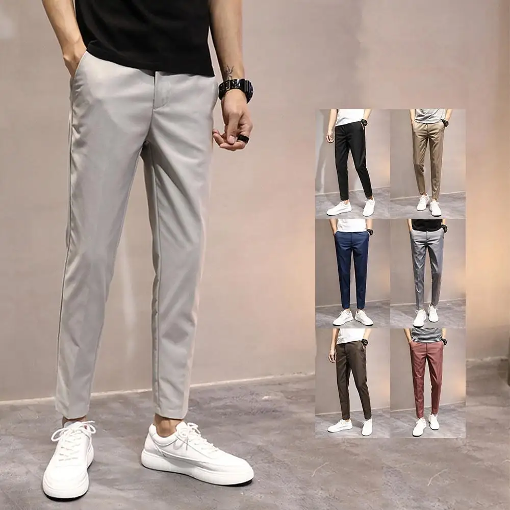 Men Pants Spring Summer Autumn  Casual Slim  Elastic Long  Business Ankle Length Suit Trousers Chinos Slacks No Ironing Black