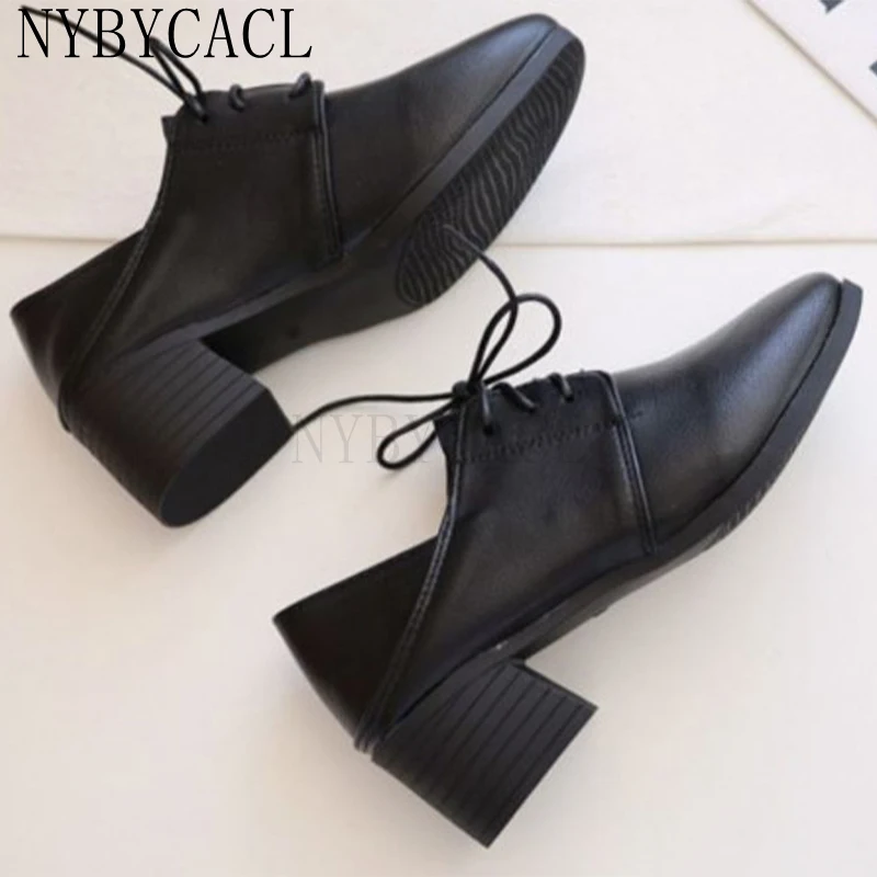 Women 2022 New Casual British Style Single Shoes Female Mid Thick Heel Lace Up Solid Small Shoes College Style Retro Work Shoes