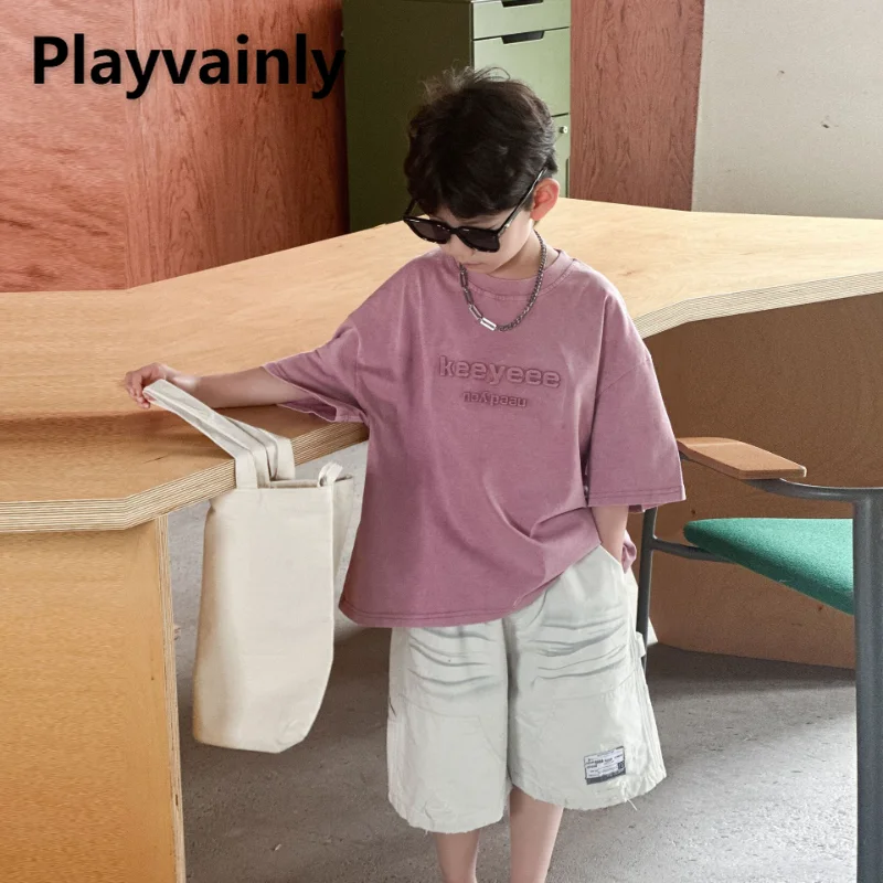 

Summer Fashion Boys' Blush Pink Tee Letter O-neck Dropped Shoulder Short Sleeve T-shirt Loose Breathable Children Clothes A25129