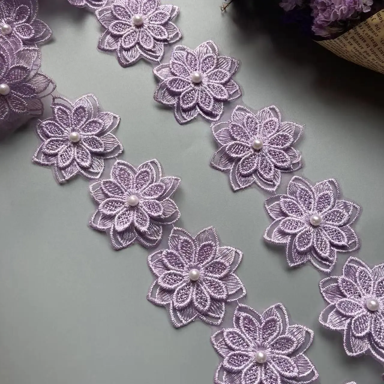 10X Purple 5cm Soluble Pearl Beaded Flower Lace Trim Polyester Embroidered Ribbon Fabric Sewing Supplies Craft Decor Handmade