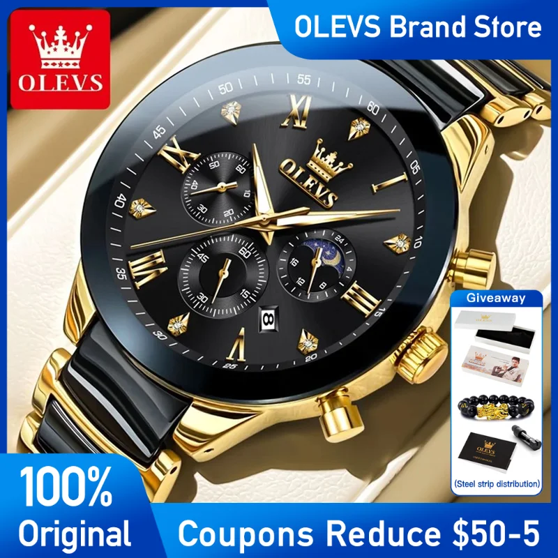 

OLEVS Mens Watch Brand Quartz Watch Ceramic Strap Waterproof Luminous Moon Phase Automatic Date Men's Wristwatch with box