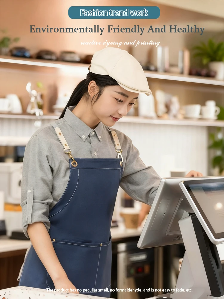 

Premium Cotton Canvas Cross Back Apron - Water & Oil Resistant Proessional Workwear for Cafe Restaurant Cake & Bubble Tea Shop