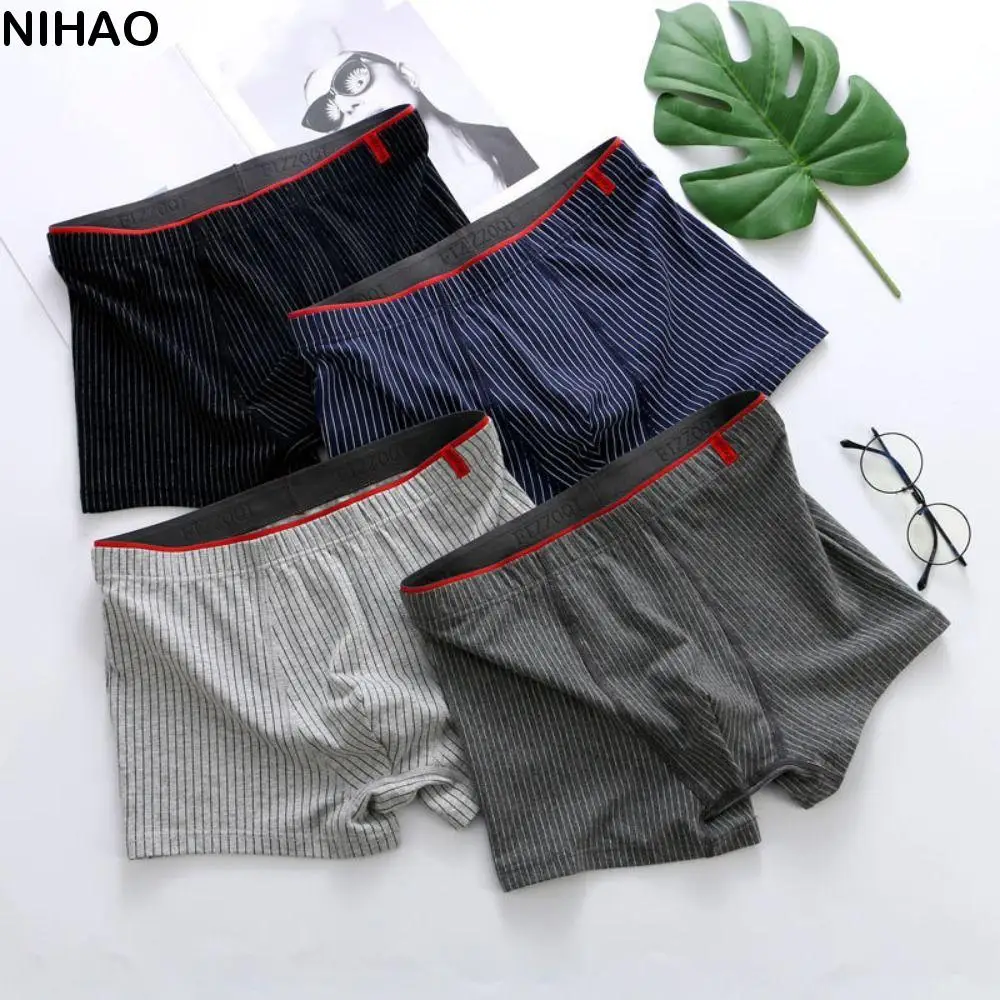 

4PCS Color Blocking Stripe Men's Flat Panties Large Size Loose Men Boxer Low Waist Underpants Underwear for Man Gifts