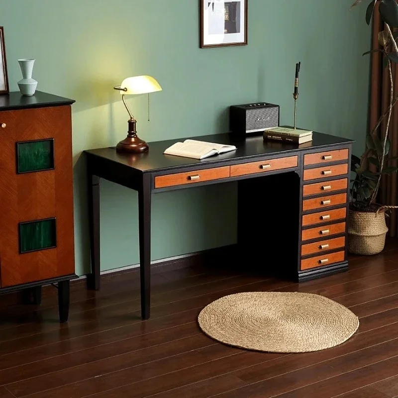 A  American Simple Solid Wood Retro Design Bedroom Nostalgic Color Matching Computer Super Long Desk
