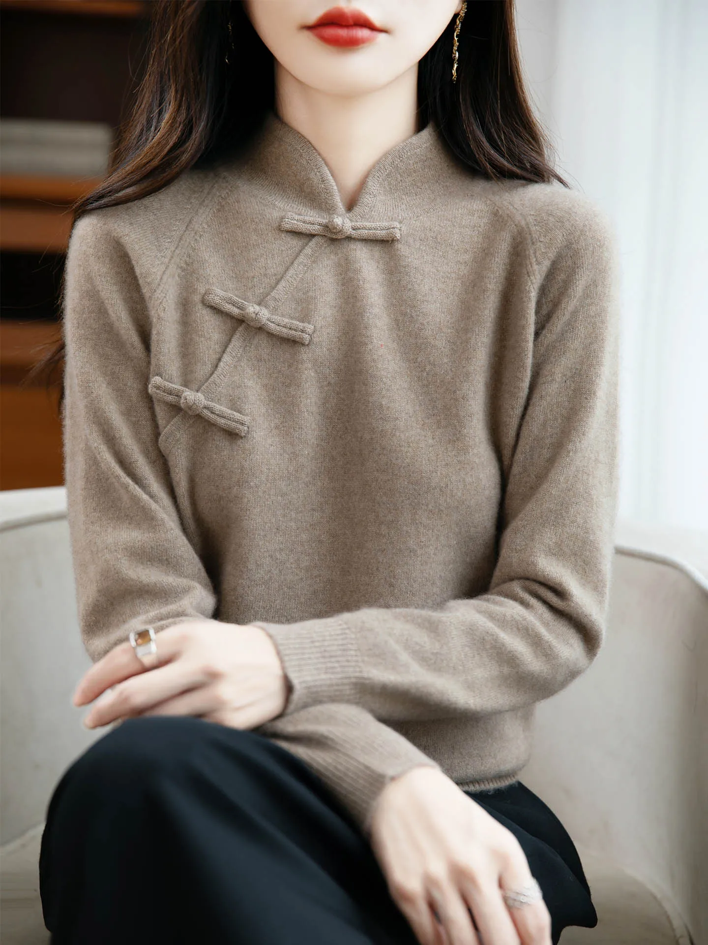 100% Merino Wool Women Mandarin Collar Frog Button Knit Sweater Thick Warm Retro Pullover Autumn Winter Base
