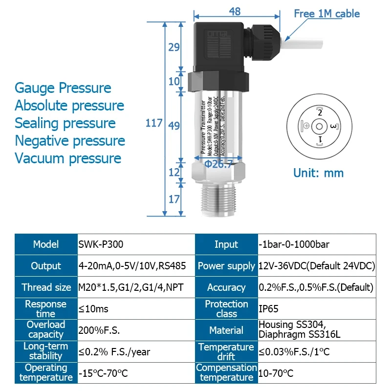 Imagem -02 - Transmissor de Pressão Sensor de Pressão Negativa Água Gás Óleo Líquido Vácuo 420ma 05v 10v Rs485 Output 1bar-1000bar