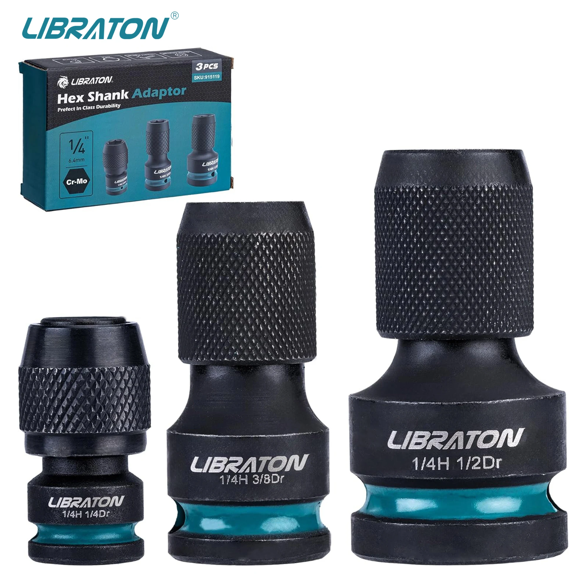 LIBRATON Impact to 1/4 Hex Converter 1/2 3/8 1/4“ Drive Female to 1/4\