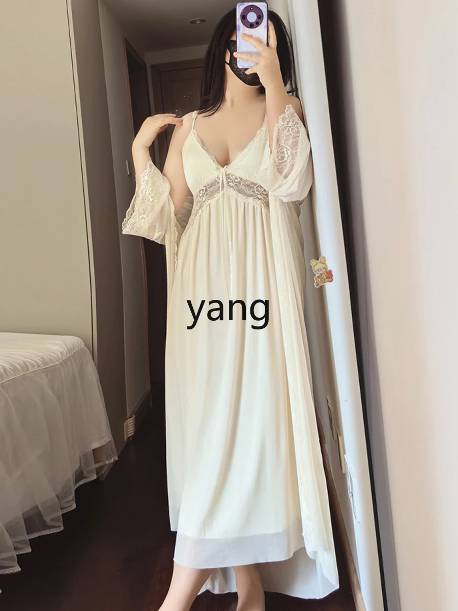 LMM long pajamas women's large size summer fat mm lace hollow with chest pad