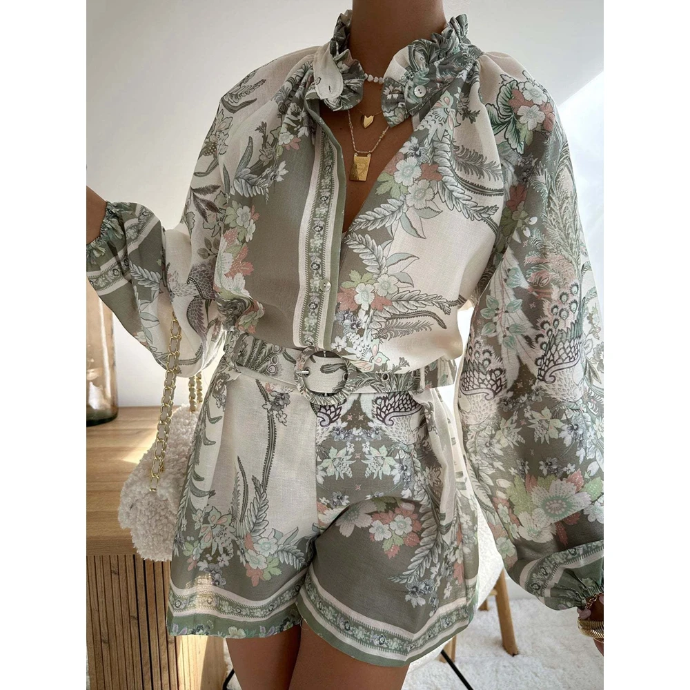 Elegante verão conjunto de duas peças feminino floral impressão camisa de manga longa topo e shorts de cintura alta conjunto das mulheres conjuntos de duas peças